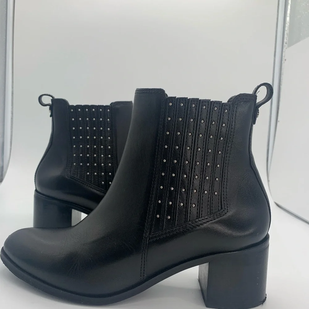 Dune Elegant Black‎ Leather Ankle Boots with Stud Accents Block Heel size 40 UK
